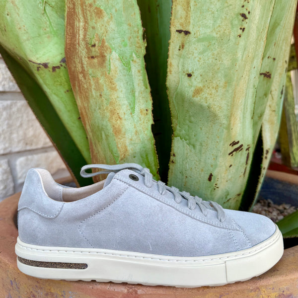 Birkenstock Sneaker Suede Bend Low in Stone Coin, with a cork-latex footbed that molds to your foot, and a natural rubber outsole for long-wearing grip – 1029661. Available at Blair's Western Wear, Marble Falls, TX.