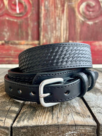 Blair's Western Wear Ranger Belt in black, crafted from full grain leather with a tooled basketweave pattern and interchangeable buckle system - 826218. Available at Blair's Western Wear, Marble Falls, TX.