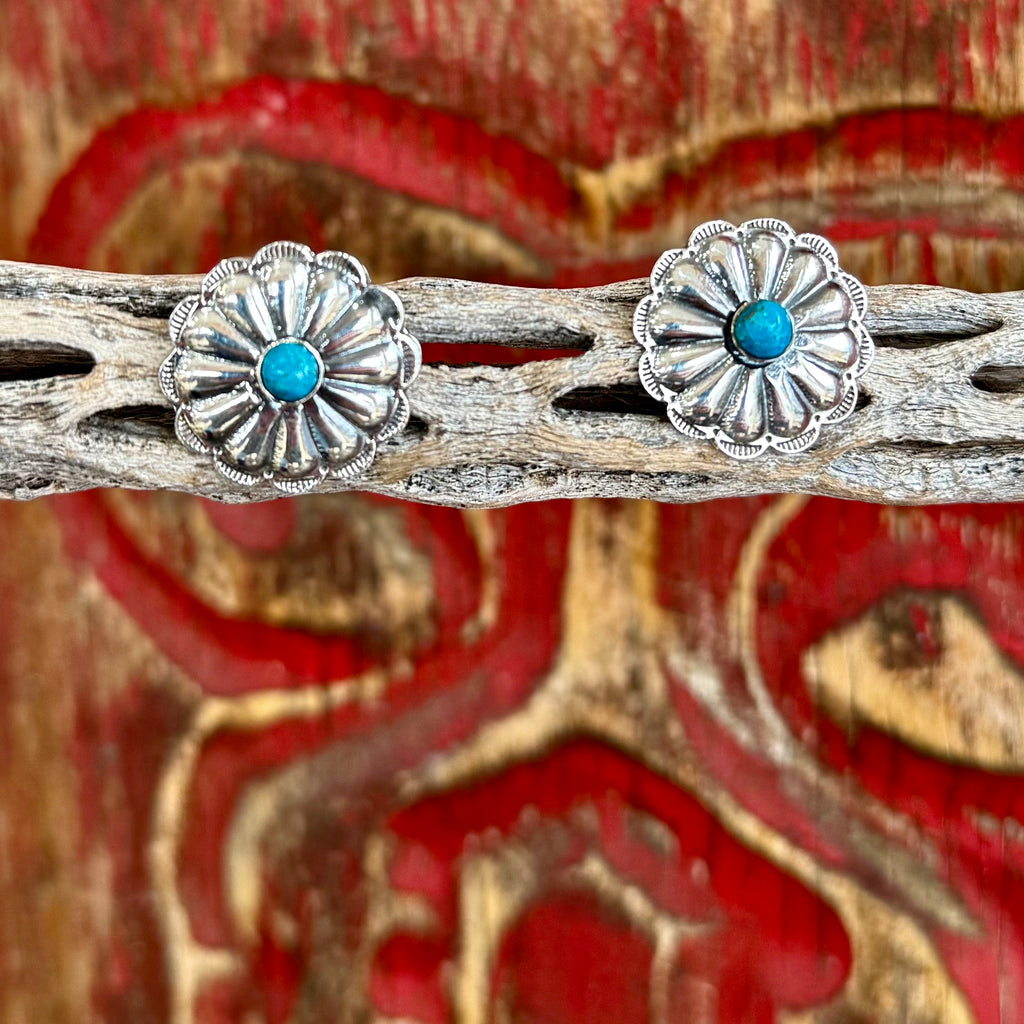 Boho Sol flower post earrings in silver and turquoise, featuring a detailed concho-style floral design, with a turquoise stone centerpiece for added color and contrast - T1370. Available at Blair's Western Wear, Marble Falls, TX.