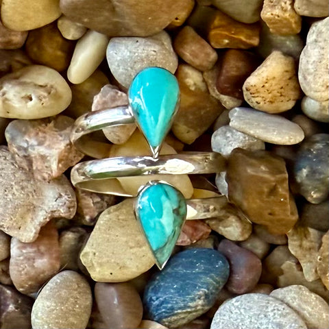 Boho Sol silver ring teardrop twist ring in turquoise, crafted with durable silver-tone band, with flexible open-wrap fit – T5292. Available at Blair's Western Wear, Marble Falls, TX.