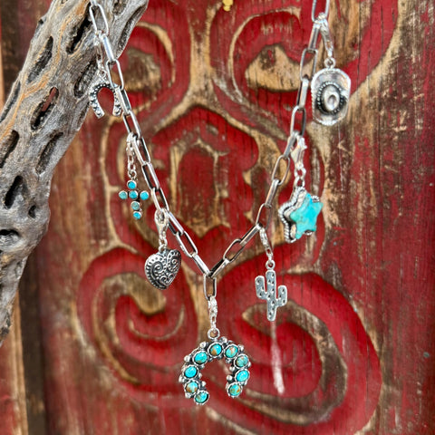 Boho Sol necklace silver/turquoise charm necklace in silver/turquoise, with turquoise squash blossom charm, with mixed Western charms for added detail - BOCHARM7. Available at Blair's Western Wear, Marble Falls, TX.