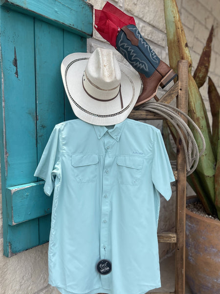  Boy's Ariat Shirt Aqua VentTEK Outbound Short Sleeve in aqua, featuring UPF 50+ sun protection with breathable mesh back yoke – 10055419. Available at Blair's Western Wear, Marble Falls, TX.