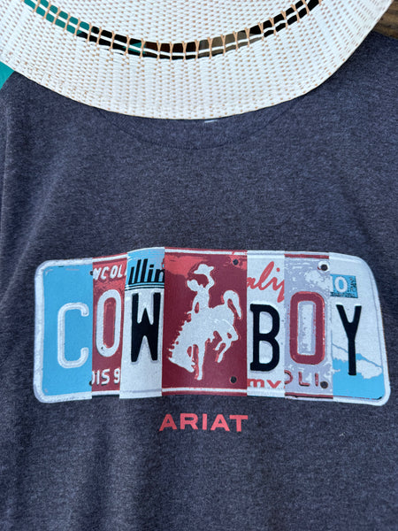 Boy's charcoal gray t-shirt with 'COWBOY' design made from license plates, featuring the Ariat brand. Available at Blair's Western Wear at Marble Falls TX 