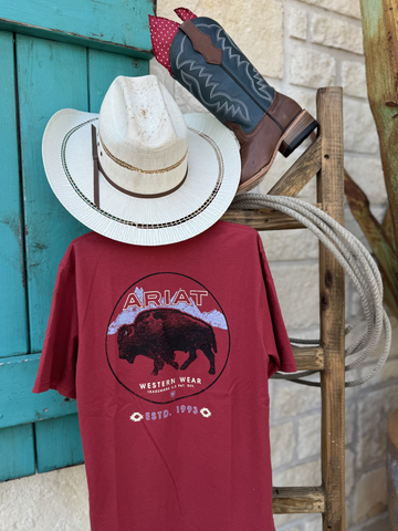 Back of Boy's Ariat red t-shirt with black Buffalo Coin with the word "Ariat" on top and "western Wear" underneath with a black buffalo in the middle. Available at Blair's Western Wear located in Marble Falls, TX. 
