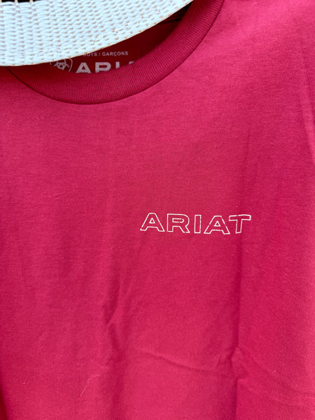 Close-up of the front of red Ariat t-shirt with the brand logo. Available at Blair's Western Wear at Marble Falls, TX.