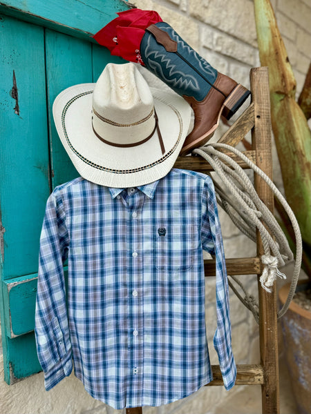 Boy's Cinch Shirt Multi Plaid Long Sleeve Button-Down in multi-color plaid pattern, 100% cotton fabric with embroidered logo and gray buttons – MTW7060369. Available at Blair's Western Wear, Marble Falls, TX.
