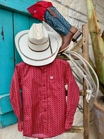 oy's Cinch Shirt Red Geometric Long Sleeve in vibrant red geometric print, soft cotton fabric with button-down front and embroidered chest pocket – MTW7060362. Available at Blair's Western Wear, Marble Falls, TX
