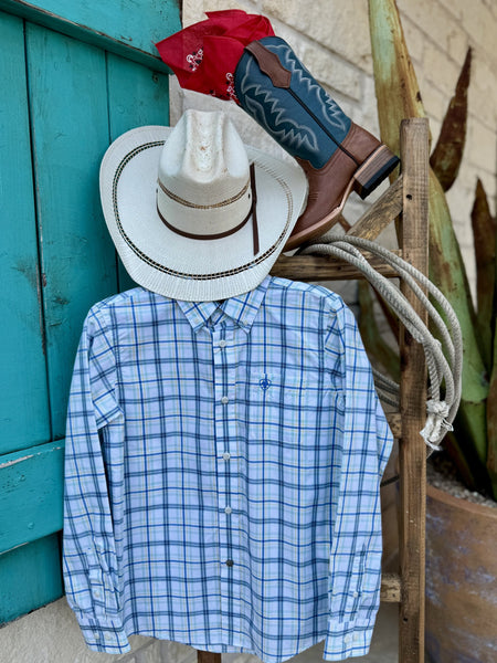 Boy's Ariat Shirt Long Sleeve in light blue, navy, and yellow plaid, breathable cotton blend for all-day comfort with classic button-down styling - 10048657. Available at Blair's Western Wear, Marble Falls, TX.
