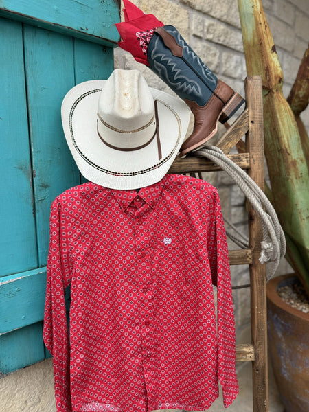 Boy's Cinch Shirt Red Geometric Print Long Sleeve Button-Down in red with allover geometric pattern, 100% cotton fabric with embroidered logo and red buttons – MTW7060340. Available at Blair's Western Wear, Marble Falls, TX.