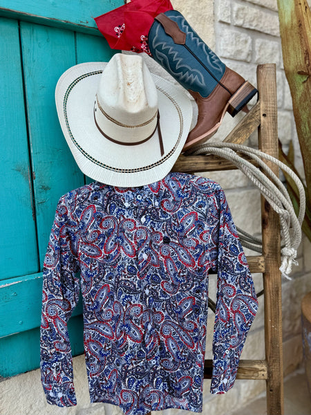 Boy's Cinch Long Sleeve Shirt in red, white, and blue paisley, made from breathable cotton with a chest pocket and embroidered logo - MTW7060346. Available at Blair's Western Wear, Marble Falls, TX.