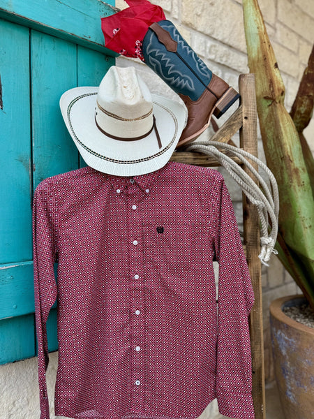 Boy's Cinch Shirt Red Geometric Long Sleeve in vibrant red geometric print, soft cotton fabric with button-down front and embroidered chest pocket – MTW7060361. Available at Blair's Western Wear, Marble Falls, TX.