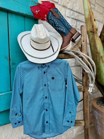 Boy's Cinch Shirt Turquoise Geometric Print Long Sleeve Button-Down – MTW7060375
