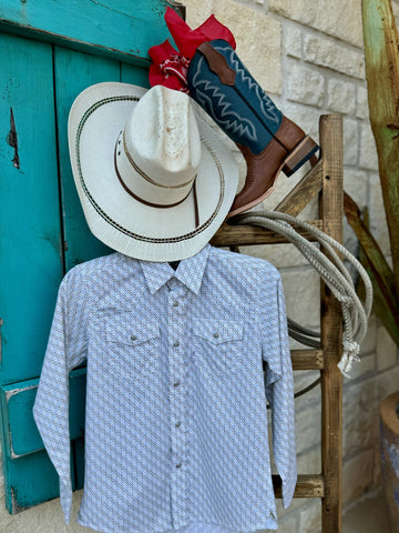 Boy's Wrangler Long Sleeve Shirt in white and teal geometric print, lightweight cotton blend for comfort with snap closure and chest pockets - 112346277. Available at Blair's Western Wear, Marble Falls, TX.