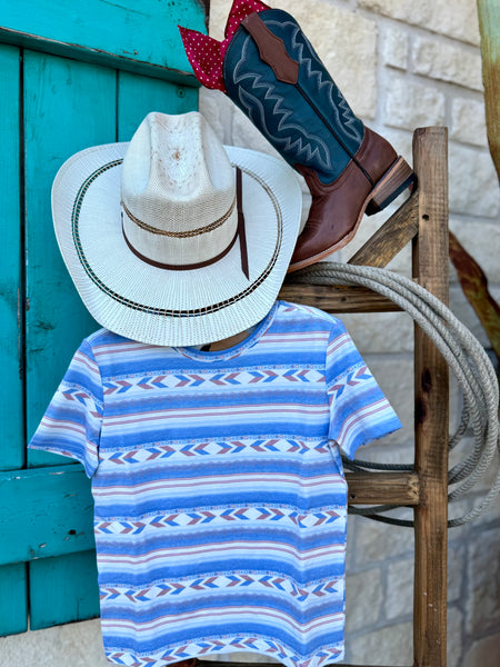 Boy's Rock and Roll Short Sleeve T-shirt with blue, white and red aztec pattern. Available at Blair's Western Wear located in Marble Falls TX. 