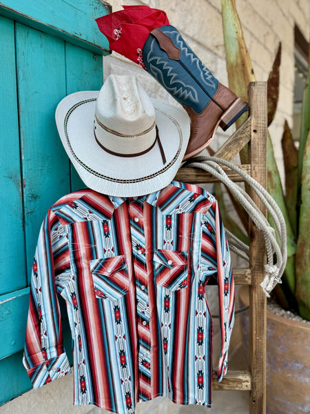 Boy's Rock & Roll Long Sleeve Shirt in red, teal, and cream serape, snap-front closure with double flap pockets - BBN2S05863. Available at Blair's Western Wear, Marble Falls, TX.