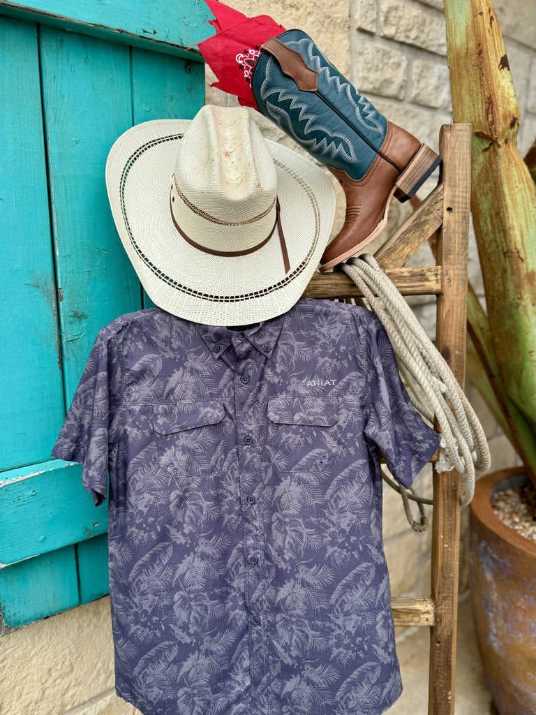 Boy's Ariat Shirt Short Sleeve Charcoal Palm Print in charcoal grey with palm design, lightweight breathable fabric with dual chest pockets - 10055421. Available at Blair's Western Wear, Marble Falls, TX.