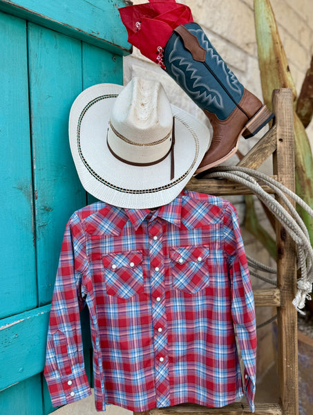 Boy's Wrangler Long Sleeve Shirt in red, white, and blue plaid, durable pearl snap buttons with dual flap pockets - 112365907. Available at Blair's Western Wear, Marble Falls, TX.