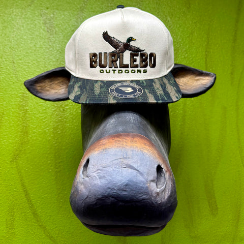 Burlebo snapback cap in cream and camo, embroidered mallard duck and logo for bold outdoor identity, with adjustable snapback closure for a secure custom fit - CMDMID. Available at Blair's Western Wear, Marble Falls, TX.