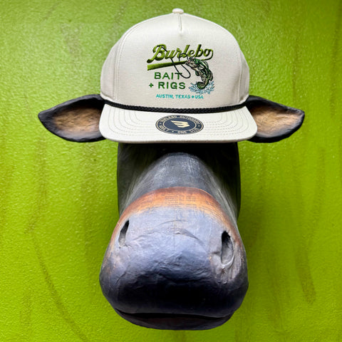 Burlebo cap trucker hat in putty, structured five-panel design with flat bill, detailed embroidered “Bait + Rigs” bass graphic, with adjustable snapback closure - CBARPUT. Available at Blair's Western Wear, Marble Falls, TX.
