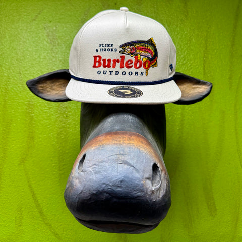 Burlebo Outdoor Cap structured snapback hat in tan, embroidered Flies & Hooks fish graphic, with adjustable snapback closure - CFLHK. Available at Blair's Western Wear, Marble Falls, TX.