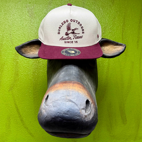 Burlebo Outdoor cap duck logo hat in cream and maroon, structured six-panel design that maintains its shape, with adjustable snapback closure for a customizable fit - CCDUCK. Available at Blair's Western Wear, Marble Falls, TX.