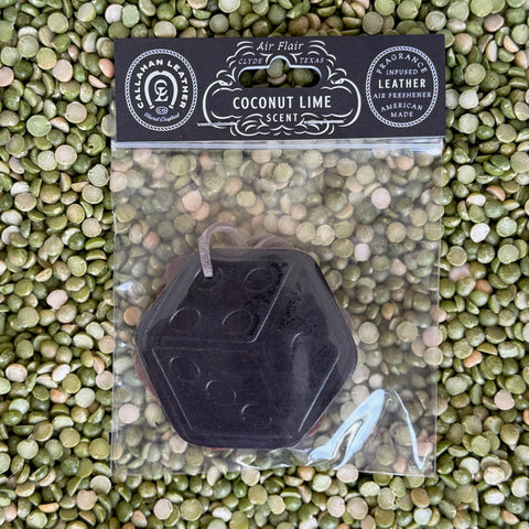 Callahan Leather Air Freshener Double Dice in Black, infused with lasting Coconut Lime scent, with a handcrafted leather build for authentic Texas-made quality - AFDBLDICEBLC. Available at Blair's Western Wear, Marble Falls, TX.