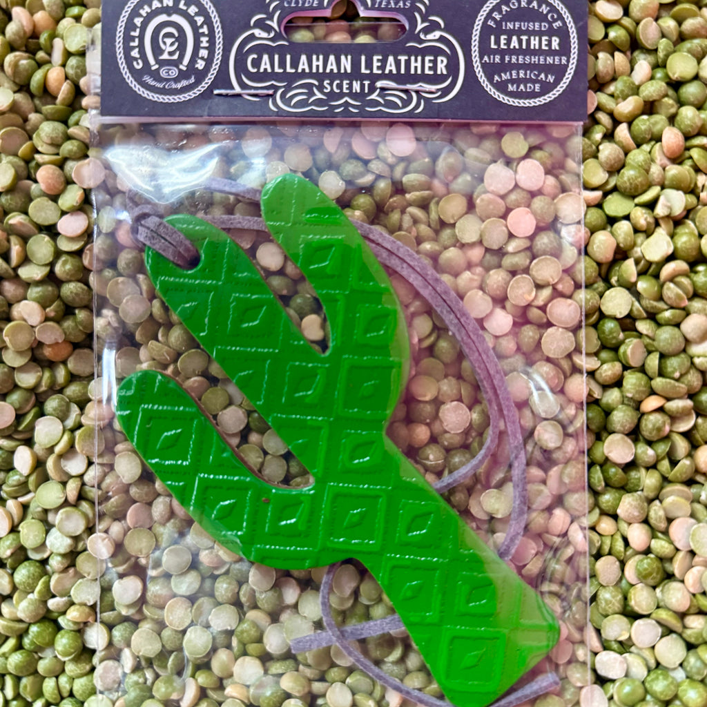 Callahan Leather air freshener cactus in green, crafted from scent-infused leather, with a durable shape that resists warping - AFCACTGRNLTHAZ. Available at Blair's Western Wear, Marble Falls, TX.