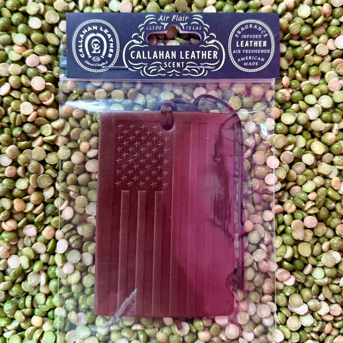 Callahan Leather air freshener rectangle Texas flag design in brown leather, crafted from genuine leather for long-lasting scent, with a sturdy hanging loop for easy placement – AFRECTXFBRWLTH. Available at Blair's Western Wear, Marble Falls, TX.