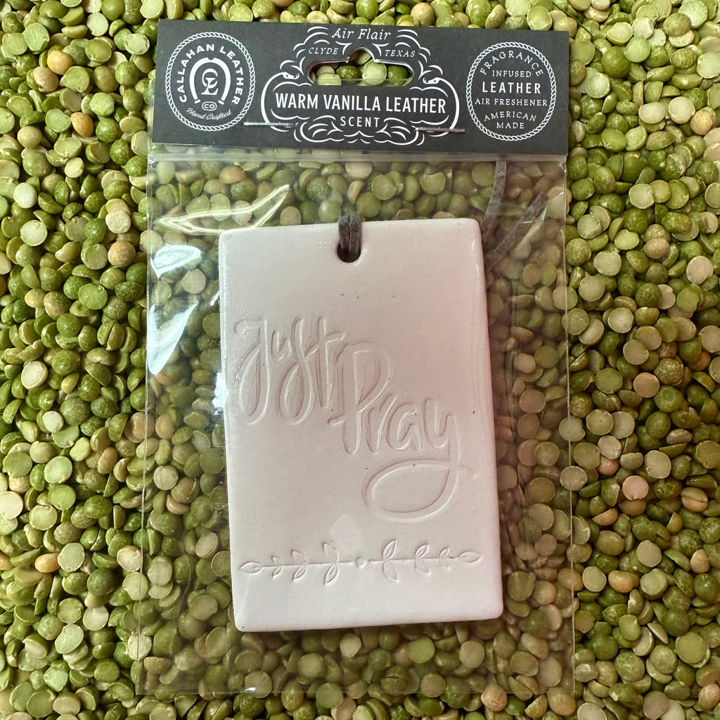 Callahan Leather air freshener white Just Pray in warm vanilla leather scent, made from long-lasting fragrance-infused leather, with a durable hang cord for easy placement - AFRECPRAYWHTWVL. Available at Blair's Western Wear, Marble Falls, TX.