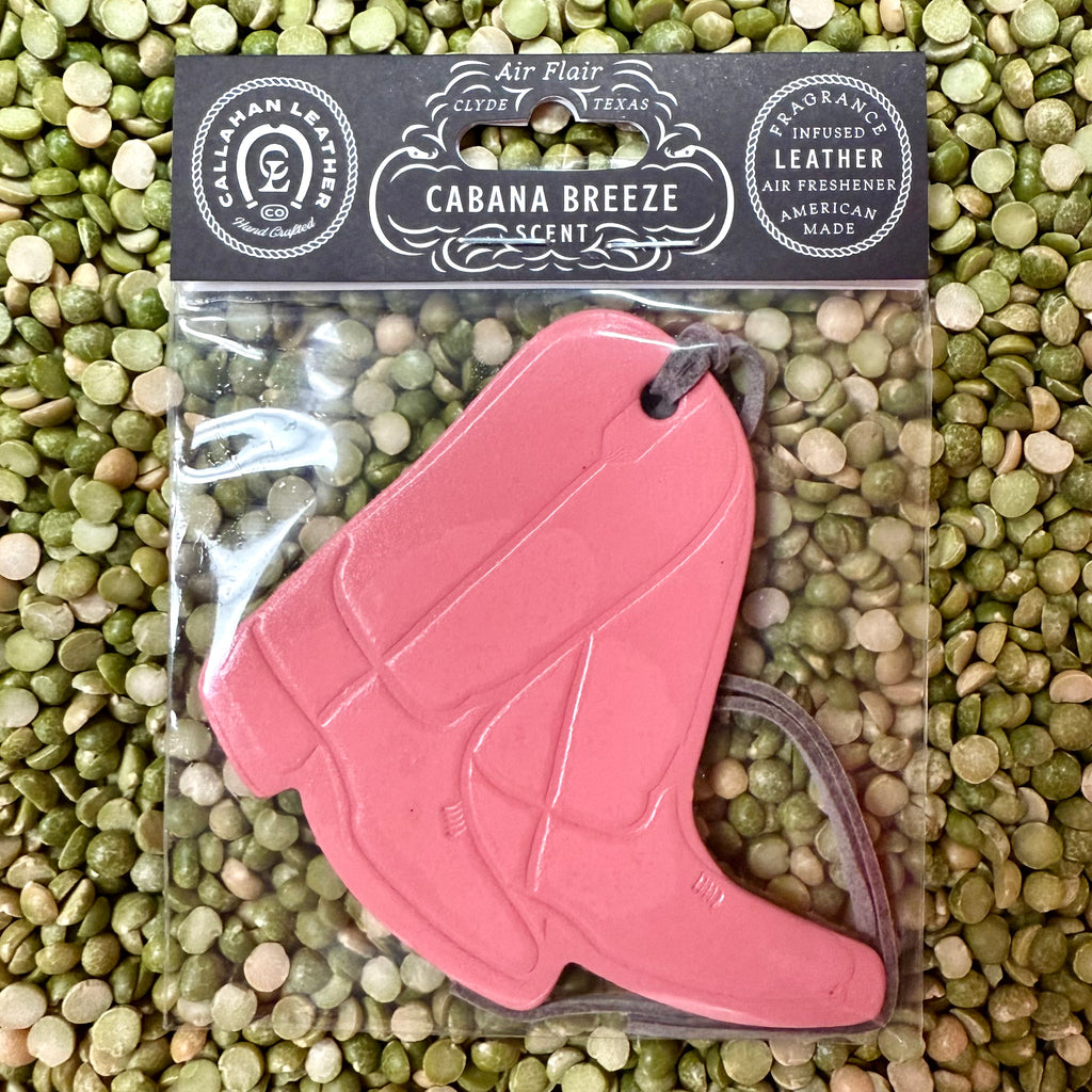 Callahan Leather Boot Cabana Breeze Pink Air Freshener in leather cowboy boot shape, crafted with fragrance-infused leather for long-lasting freshness, with a stylish western design - AFPAIRPNKCB. Available at Blair's Western Wear, Marble Falls, TX.