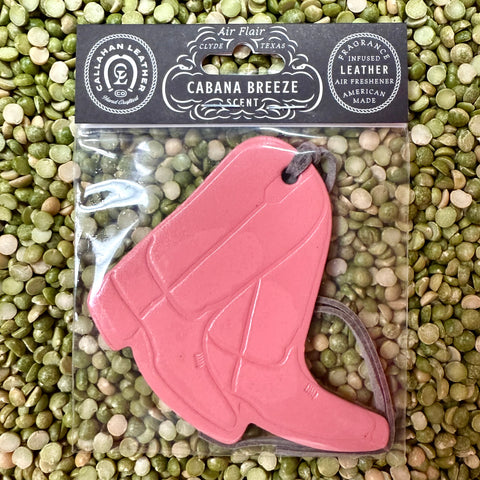 Callahan Leather Boot Cabana Breeze Pink Air Freshener in leather cowboy boot shape, crafted with fragrance-infused leather for long-lasting freshness, with a stylish western design - AFPAIRPNKCB. Available at Blair's Western Wear, Marble Falls, TX.