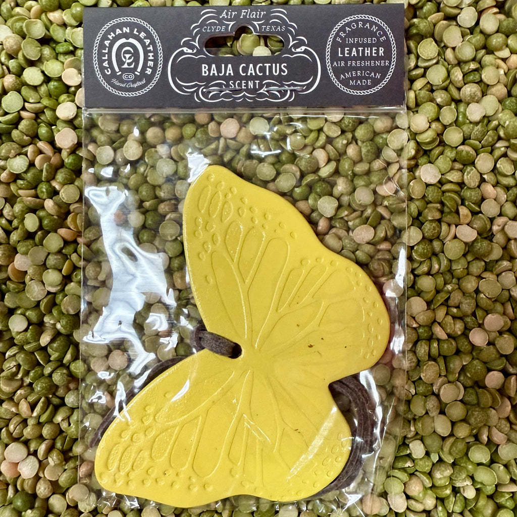 Callahan Leather Butterfly Yellow Air Freshener in Baja Cactus scent, crafted from genuine leather with long-lasting fragrance, and featuring a cheerful butterfly design - AFBFLYYLLBC. Available at Blair's Western Wear, Marble Falls, TX.
