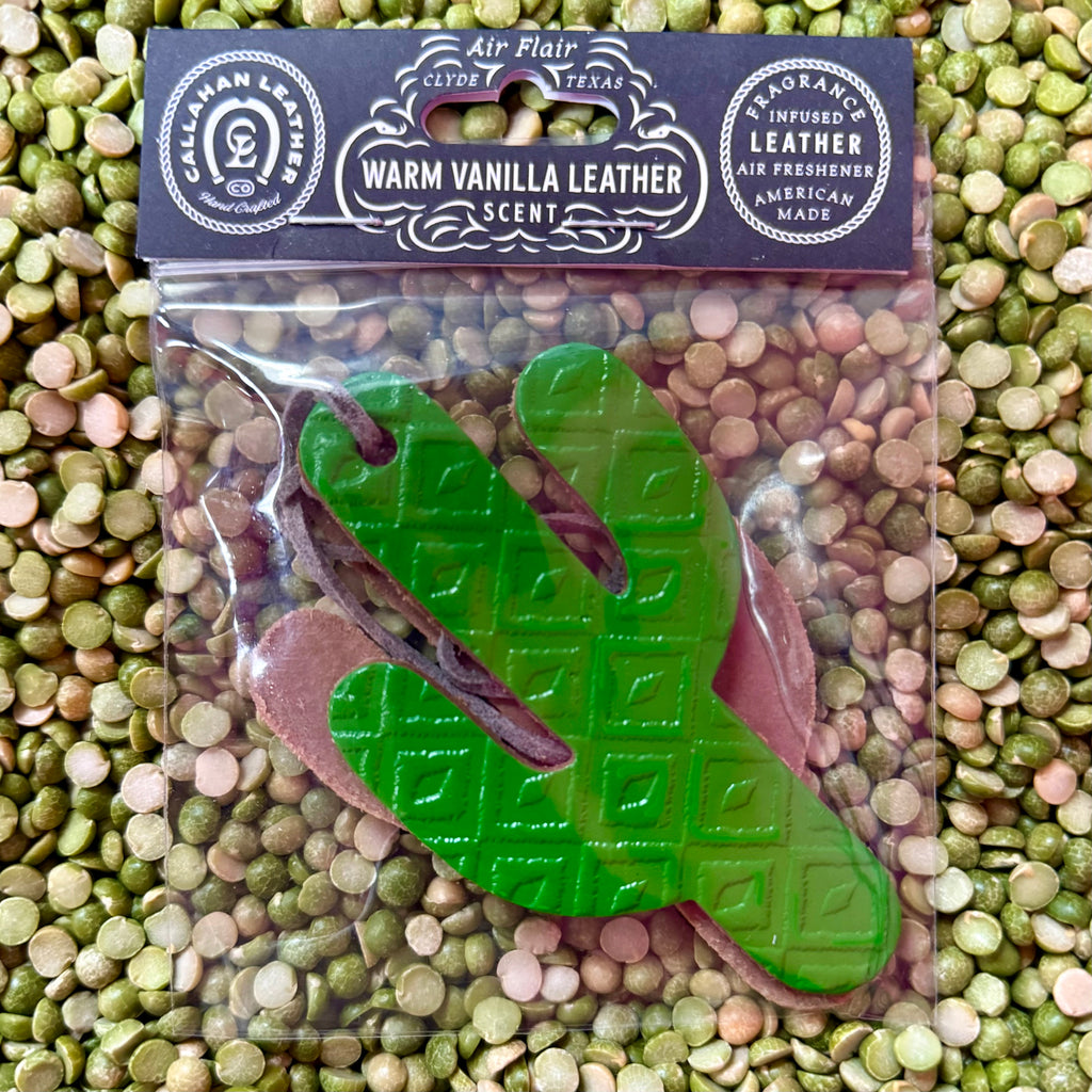 Callahan Leather cactus air freshener in green Aztec design, made from long-lasting fragrance-infused leather, with a durable double-layer build that stays flat – AFDBLCACGRNWVLA. Available at Blair's Western Wear, Marble Falls, TX.