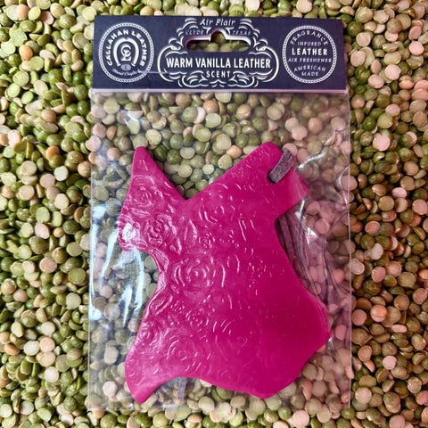 Callahan Leather Co. air freshener Texas rose shape in fuchsia, infused with long-lasting warm vanilla leather scent, with embossed detailing for added style - AFTXPTTRNFCHWVLROS. Available at Blair's Western Wear, Marble Falls, TX.