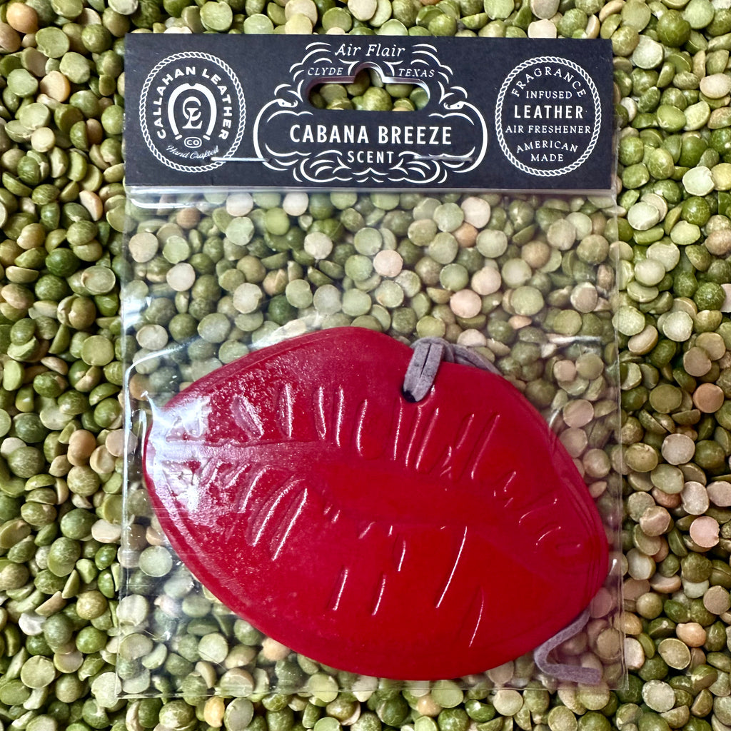 Callahan Leather Co air freshener lips design in red, made from fragrance-infused leather, with long-lasting Cabana Breeze scent – AFLIPSREDCB. Available at Blair's Western Wear, Marble Falls, TX.