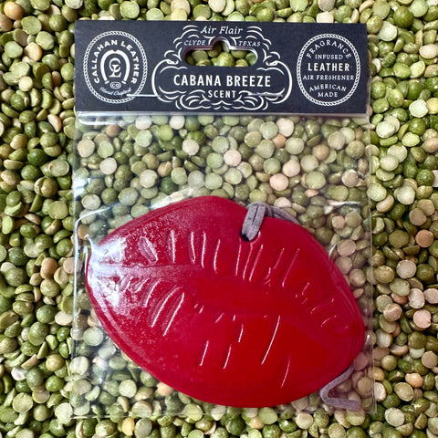 Callahan Leather Co air freshener lips design in red, made from fragrance-infused leather, with long-lasting Cabana Breeze scent – AFLIPSREDCB. Available at Blair's Western Wear, Marble Falls, TX.