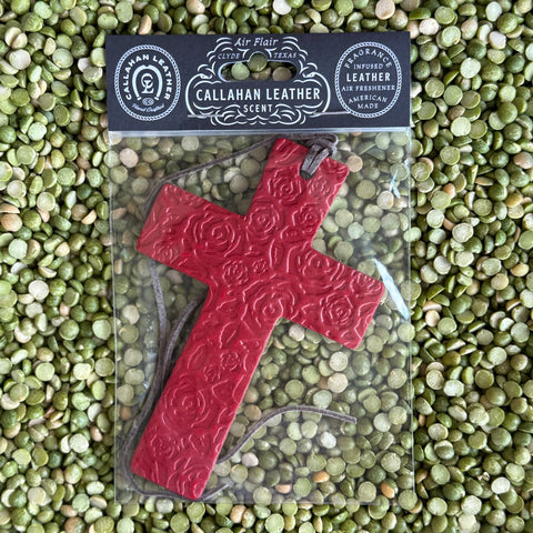 Callahan Leather Cross Air Freshener in Red Rose Leather, handcrafted from full-grain vegetable-tanned leather, infused with premium fragrance oil, featuring an embossed rose pattern - AFCROSSRED. Available at Blair's Western Wear, Marble Falls, TX.