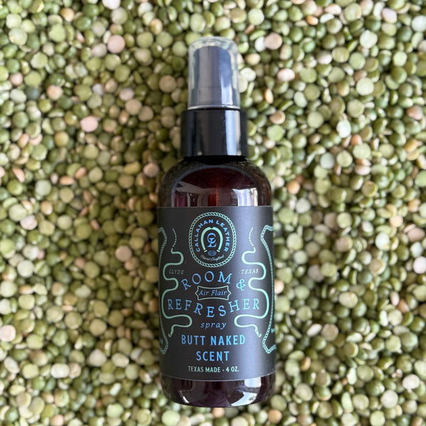 Callahan Leather Room Spray in Butt Naked scent, handcrafted in Texas, with a fruity tropical fragrance and fine-mist applicator - RSPRAYBN. Available at Blair's Western Wear, Marble Falls, TX.