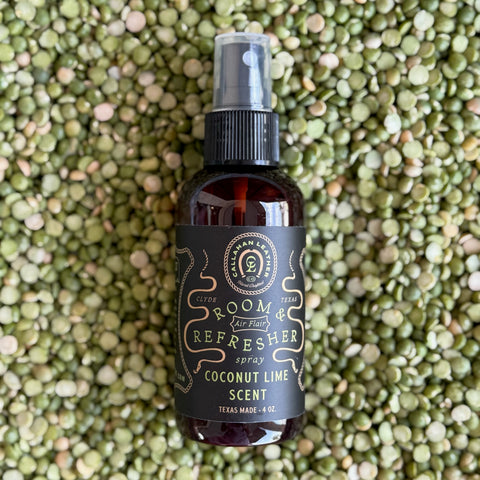 Callahan Leather Room Spray in Coconut Lime, handcrafted in Texas for premium quality, with a long-lasting tropical scent in a UV-protected amber bottle - RSPRAYCL. Available at Blair's Western Wear, Marble Falls, TX.