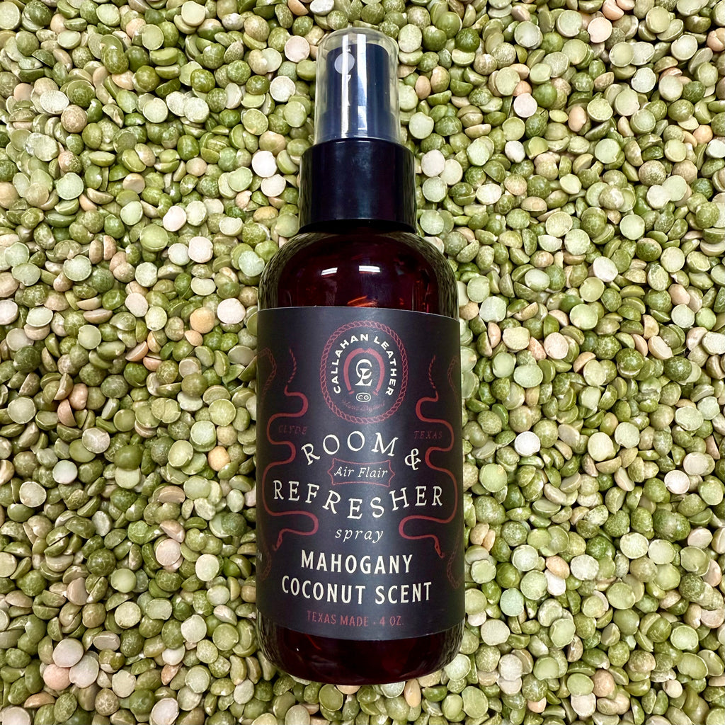 Callahan Leather Room & Refresher Spray in Mahogany Coconut, 4 oz fine-mist sprayer distributes fragrance evenly, with warm mahogany and creamy coconut aroma - RSPRAYMC. Available at Blair's Western Wear, Marble Falls, TX.