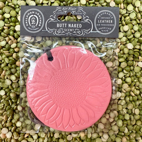 Callahan Leather Sunflower Butt Naked Pink Air Freshener in leather, crafted with a sunflower embossed design, with a tropical fruit and floral Butt Naked scent - AFRSFPNKBC. Available at Blair's Western Wear, Marble Falls, TX.
