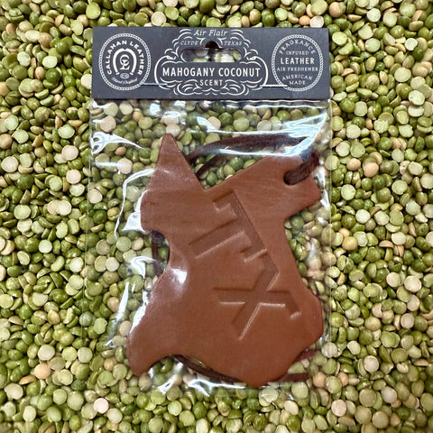 Callahan Leather Texas-shaped Mahogany Coconut Air Freshener in brown, crafted from genuine leather, with rich mahogany coconut fragrance - AFTXSTXBRWMC. Available at Blair's Western Wear, Marble Falls, TX.