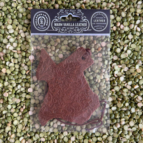 Callahan Leather Texas Scroll Air Freshener in Warm Vanilla Leather, crafted from full-grain vegetable-tanned leather, with embossed Texas scroll design - AFTXWVLSCR. Available at Blair's Western Wear, Marble Falls, TX.