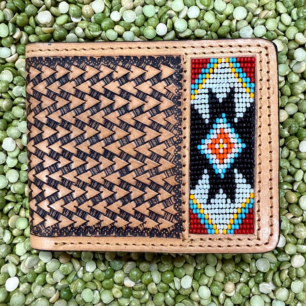 Challenger bifold leather wallet with tooled basketweave design and Aztec beadwork, handcrafted from genuine leather, with multiple card slots and a full-length bill compartment - 18RTW110B. Available at Blair's Western Wear, Marble Falls, TX.