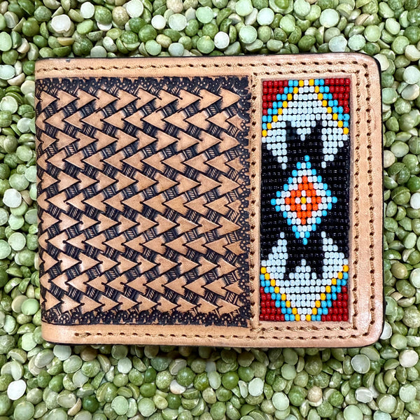 Challenger bifold leather wallet with tooled basketweave design and Aztec beadwork, handcrafted from genuine leather, with multiple card slots and a full-length bill compartment - 18RTW110B. Available at Blair's Western Wear, Marble Falls, TX.