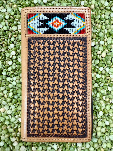 Challenger checkbook wallet in brown leather with Aztec beaded inlay, handcrafted for durability, with multiple card slots for organization - 18RTW110R. Available at Blair's Western Wear, Marble Falls, TX.