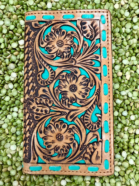 Challenger Checkbook Wallet in Tan and Turquoise Tooled Leather, handcrafted with floral overlay, featuring multiple card slots and ID window - 18RTW123R. Available at Blair's Western Wear, Marble Falls, TX.