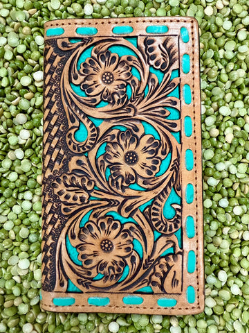 Challenger Checkbook Wallet in Tan and Turquoise Tooled Leather, handcrafted with floral overlay, featuring multiple card slots and ID window - 18RTW123R. Available at Blair's Western Wear, Marble Falls, TX.
