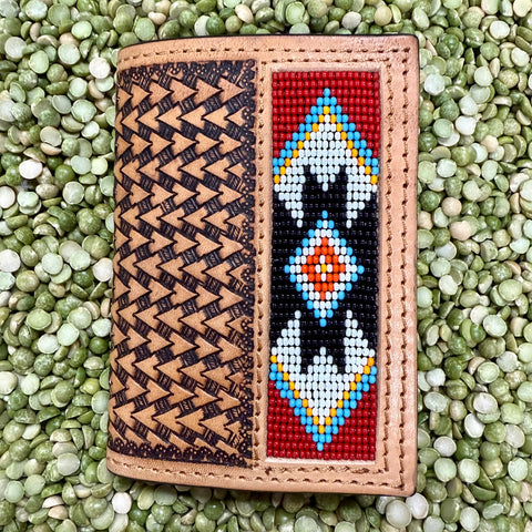 Challenger leather trifold wallet in tan with Aztec beaded design, built from genuine handcrafted leather, with multiple interior card slots for secure storage - 18RTW110T. Available at Blair's Western Wear, Marble Falls, TX.