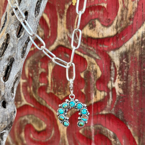 Charm necklace with a silver paperclip chain and turquoise horseshoe pendant in silver/turquoise, featuring a lightweight charm design with a secure clasp - BOCHARM1. Available at Blair's Western Wear, Marble Falls, TX.